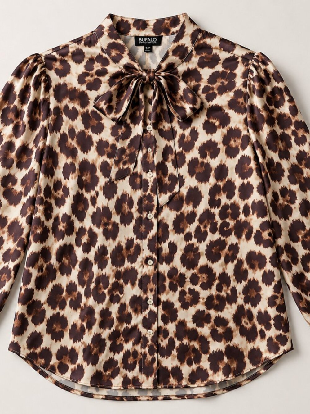 Buffalo David Bitton Leopard Print Tie Neck Blouse NWT Silky Crepe Size Small - Picture 3 of 6
